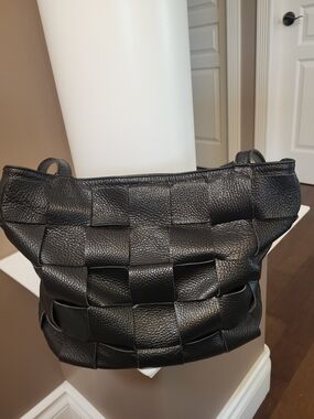Woven Black ITALIAN Leather Shoulder Bag for Women